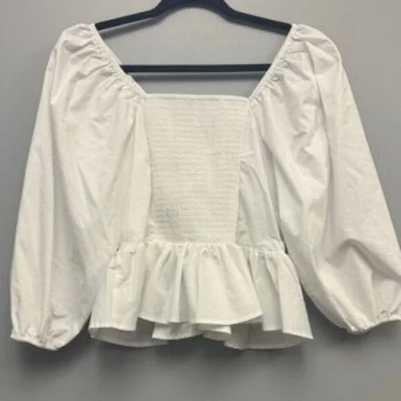 Express White Puff Sleeve Peplum Blouse - Picture 2 of 5